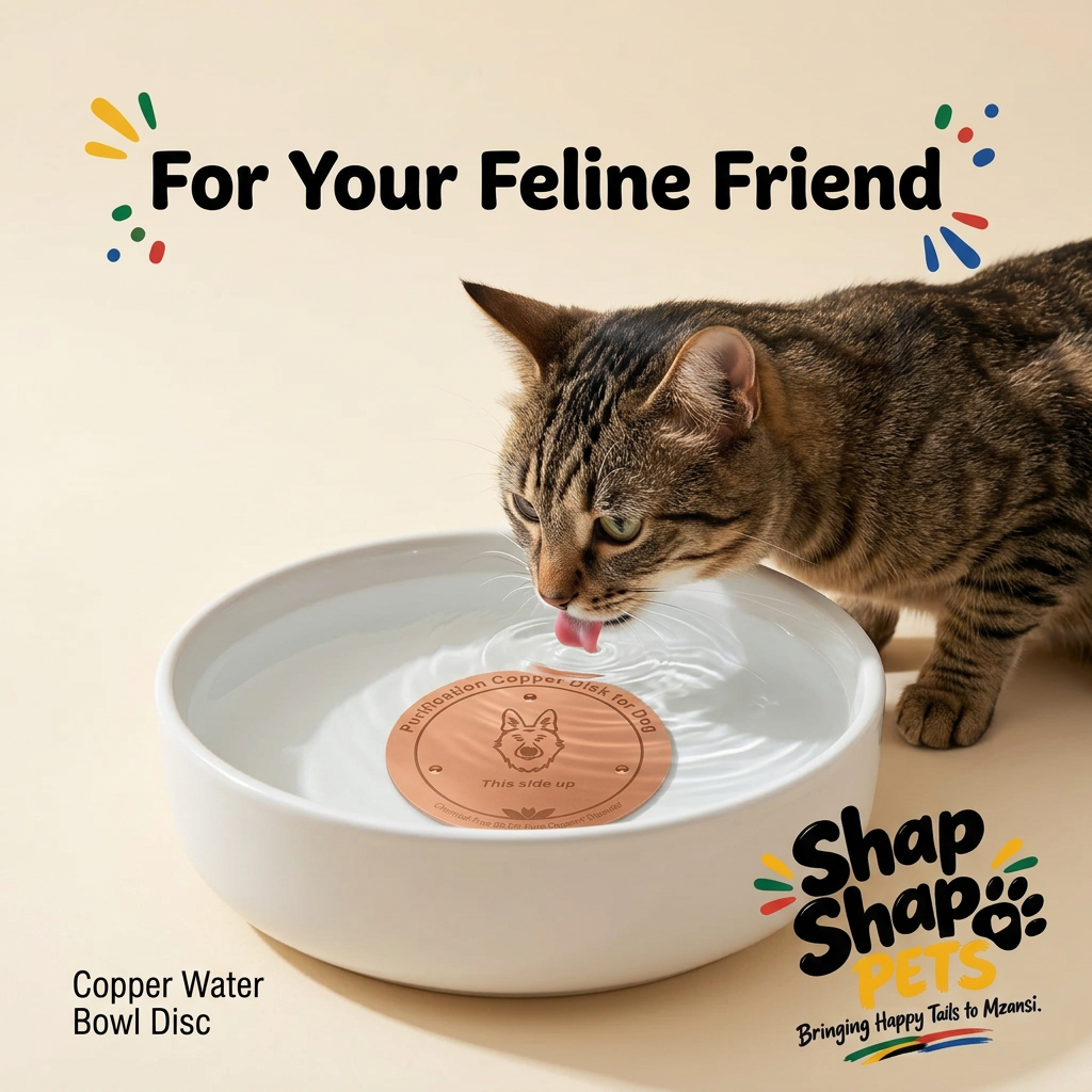 Cat drinking from a bowl with the copper disc, in matching Shap Shap Pets branding