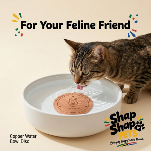 Cat drinking from a bowl with the copper disc, in matching Shap Shap Pets branding