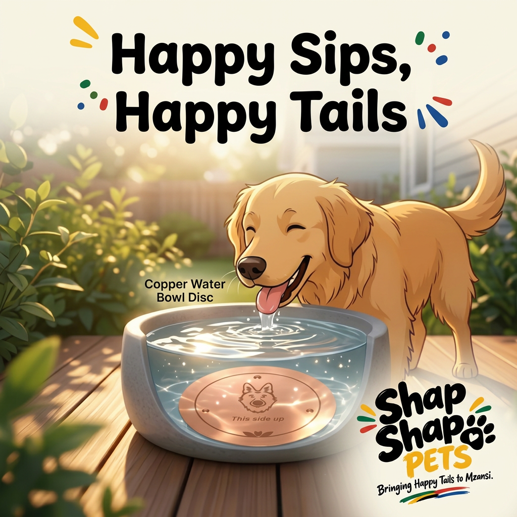 Illustrated dog drinking from a bowl with the copper disc